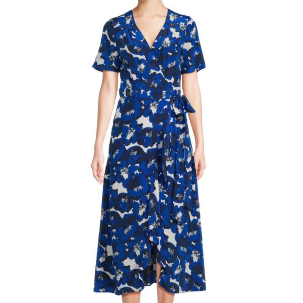 NWT THE KOOPLES Silk Wrap Dress Blue Black Floral Midi Dress US Size Small